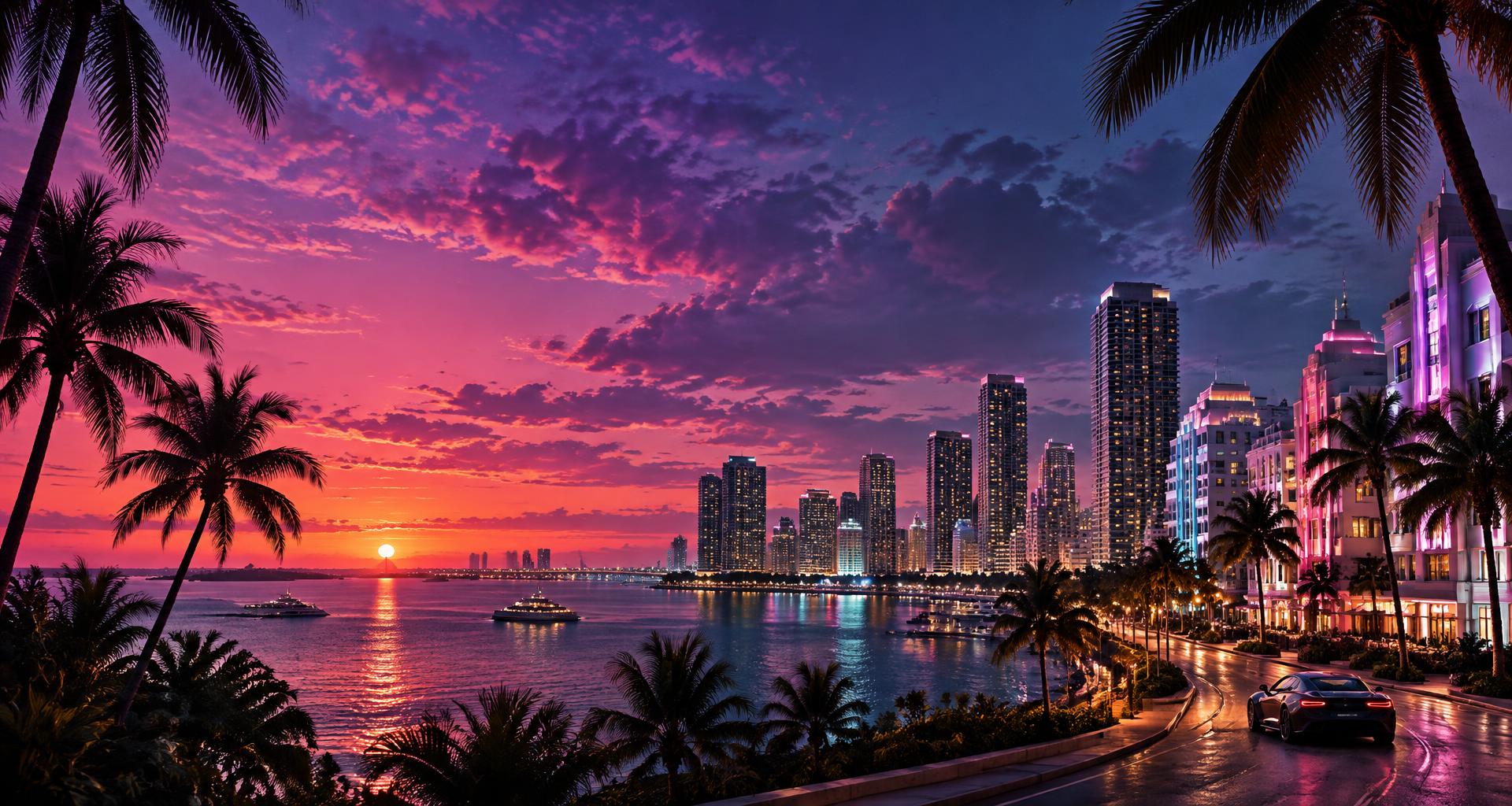 Recreación artística de Vice City al atardecer, entre palmeras y luces de neón